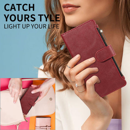 For Redmi 17 5G / 4G Global 170mm Imitation Calf Vegan Leather 9 Card Slots Zipper Phone Case with Wrist Strap(Red)