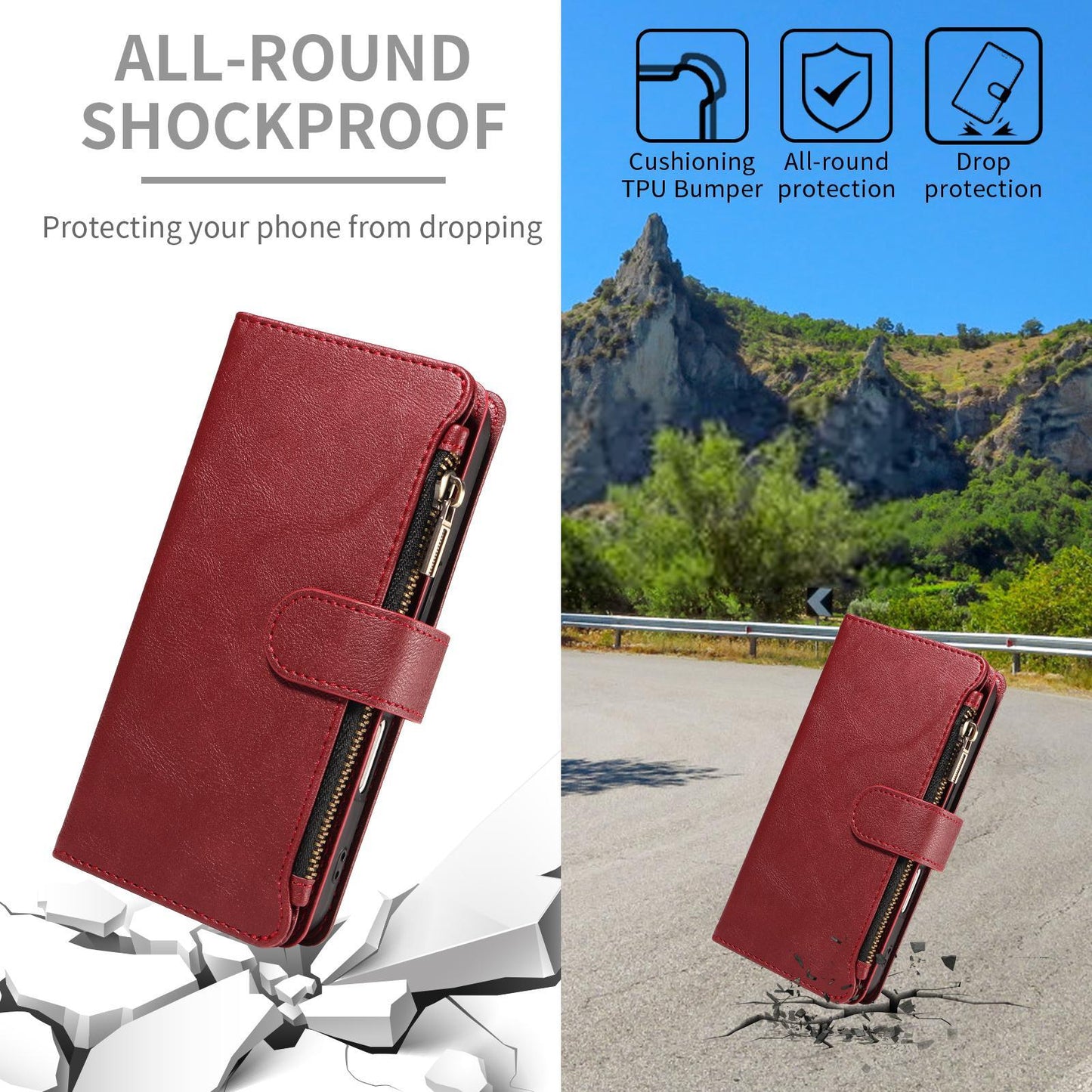 For Redmi 17 5G / 4G Global 170mm Imitation Calf Vegan Leather 9 Card Slots Zipper Phone Case with Wrist Strap(Red)