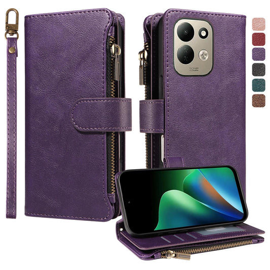 For Redmi 17 5G / 4G Global 170mm Imitation Calf Vegan Leather 9 Card Slots Zipper Phone Case with Wrist Strap(Purple)