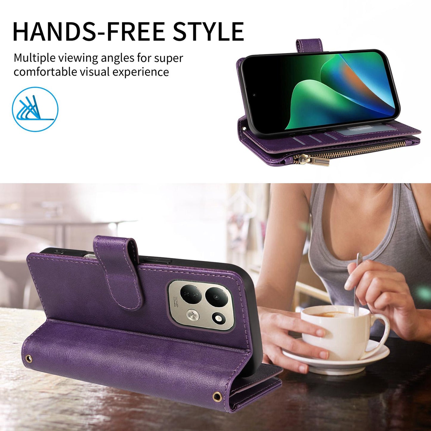For Redmi 17 5G / 4G Global 170mm Imitation Calf Vegan Leather 9 Card Slots Zipper Phone Case with Wrist Strap(Purple)