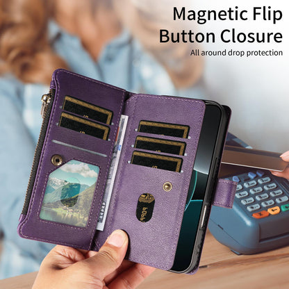 For Redmi 17 5G / 4G Global 170mm Imitation Calf Vegan Leather 9 Card Slots Zipper Phone Case with Wrist Strap(Purple)