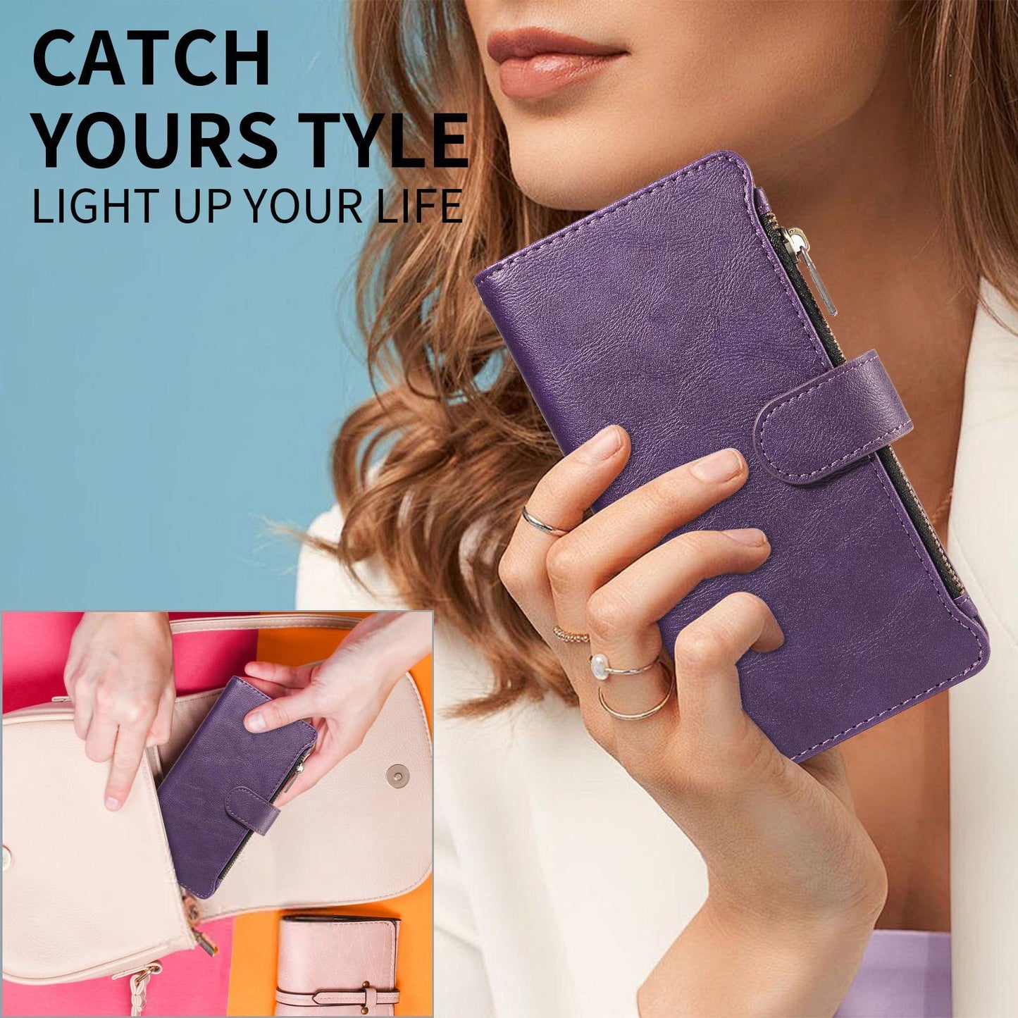For Redmi 17 5G / 4G Global 170mm Imitation Calf Vegan Leather 9 Card Slots Zipper Phone Case with Wrist Strap(Purple)