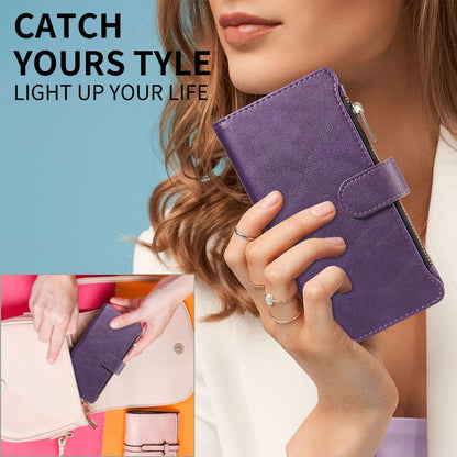 For Redmi 17 5G / 4G Global 170mm Imitation Calf Vegan Leather 9 Card Slots Zipper Phone Case with Wrist Strap(Purple)