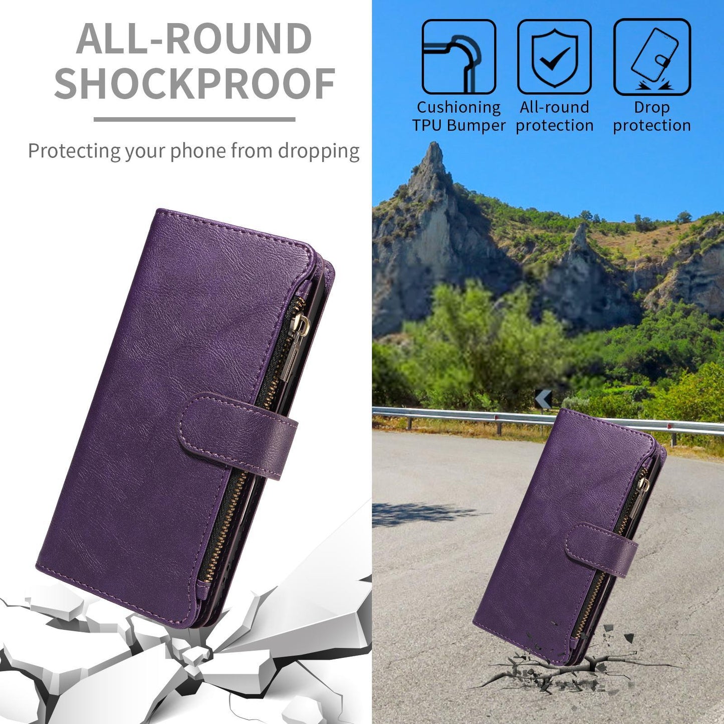 For Redmi 17 5G / 4G Global 170mm Imitation Calf Vegan Leather 9 Card Slots Zipper Phone Case with Wrist Strap(Purple)
