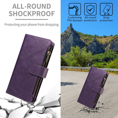For Redmi 17 5G / 4G Global 170mm Imitation Calf Vegan Leather 9 Card Slots Zipper Phone Case with Wrist Strap(Purple)