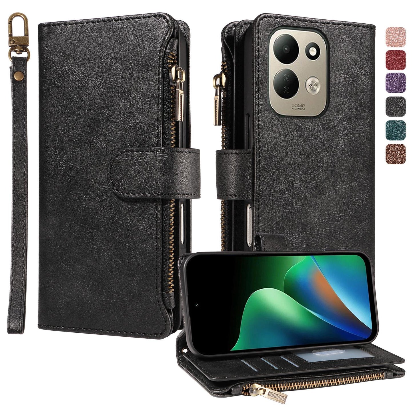 For Redmi 17 5G / 4G Global 170mm Imitation Calf Vegan Leather 9 Card Slots Zipper Phone Case with Wrist Strap(Black)