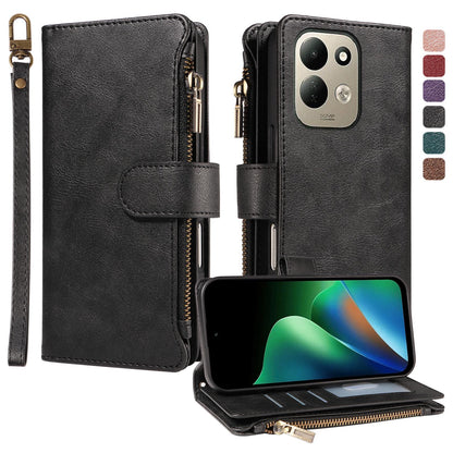For Redmi 17 5G / 4G Global 170mm Imitation Calf Vegan Leather 9 Card Slots Zipper Phone Case with Wrist Strap(Black)