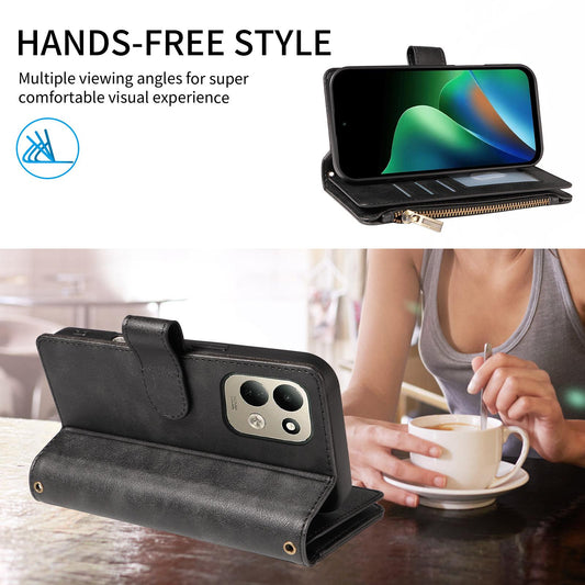 For Redmi 17 5G / 4G Global 170mm Imitation Calf Vegan Leather 9 Card Slots Zipper Phone Case with Wrist Strap(Black)