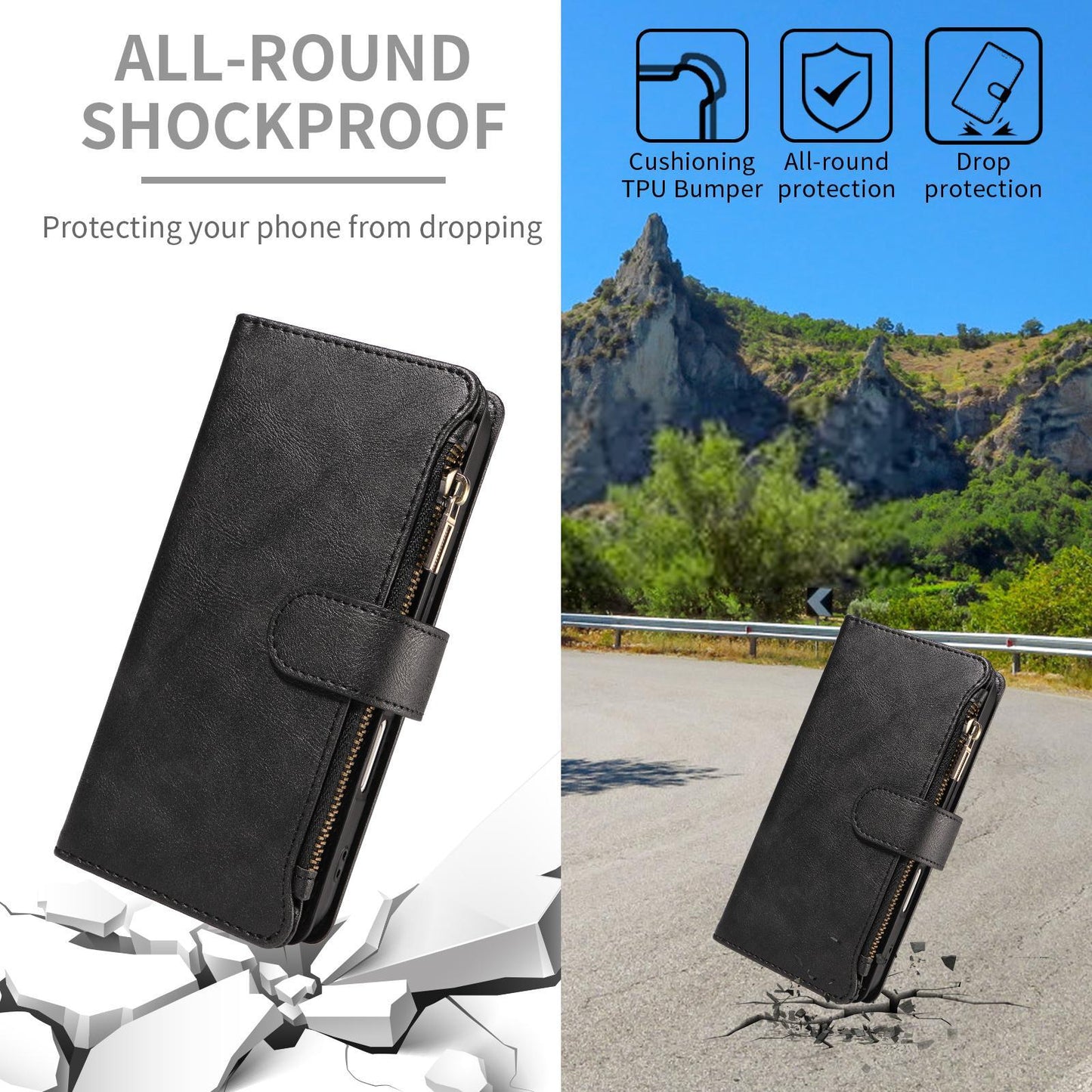 For Redmi 17 5G / 4G Global 170mm Imitation Calf Vegan Leather 9 Card Slots Zipper Phone Case with Wrist Strap(Black)