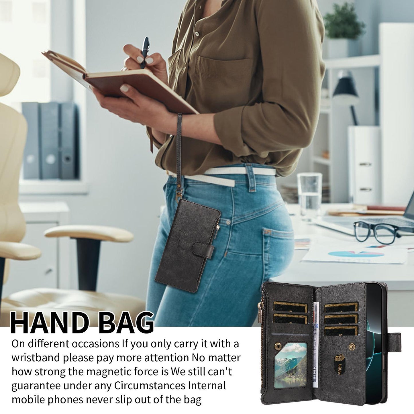 For Redmi 17 5G / 4G Global 170mm Imitation Calf Vegan Leather 9 Card Slots Zipper Phone Case with Wrist Strap(Black)