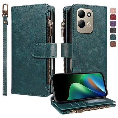 For Redmi 17 5G / 4G Global 170mm Imitation Calf Vegan Leather 9 Card Slots Zipper Phone Case with Wrist Strap(Green)