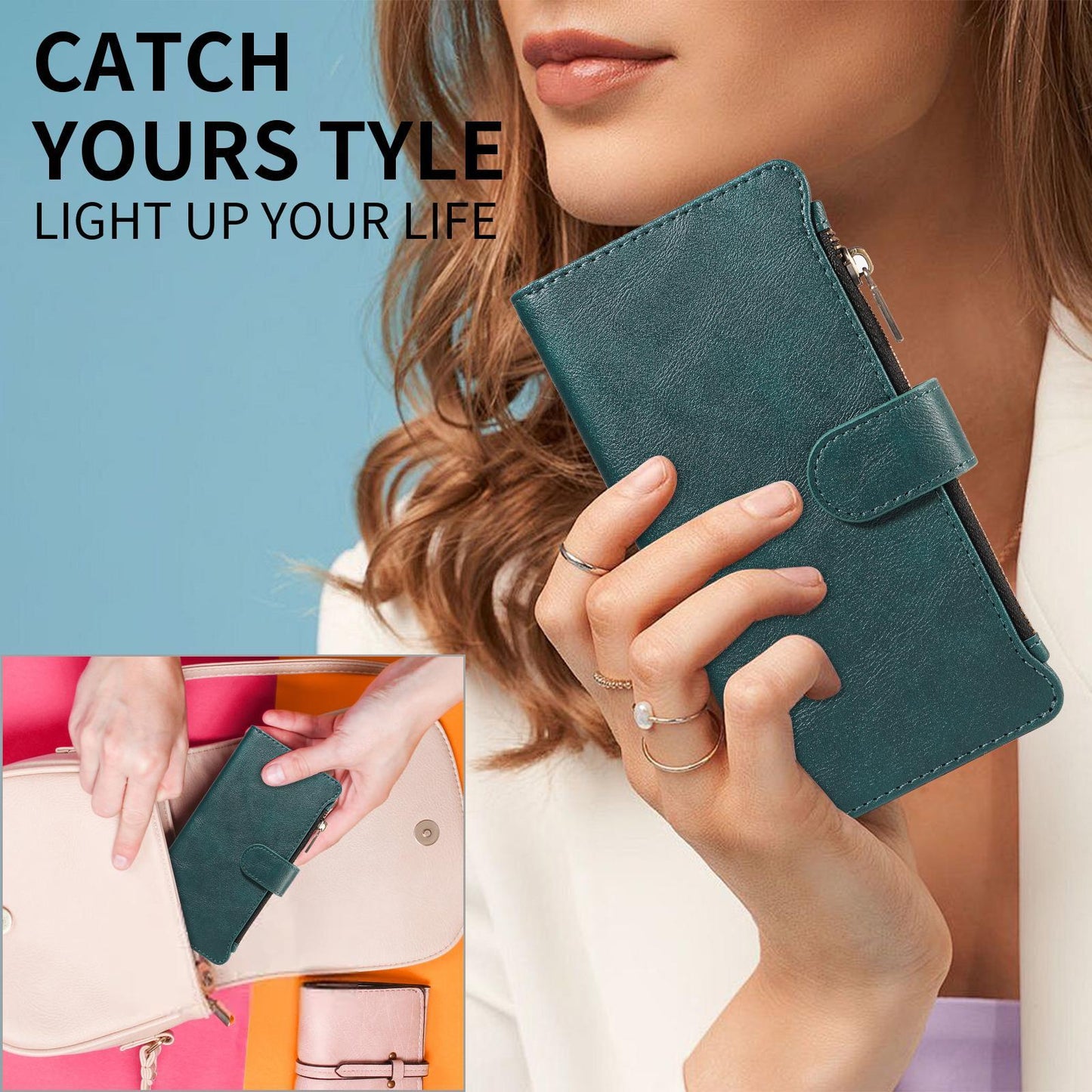 For Redmi 17 5G / 4G Global 170mm Imitation Calf Vegan Leather 9 Card Slots Zipper Phone Case with Wrist Strap(Green)