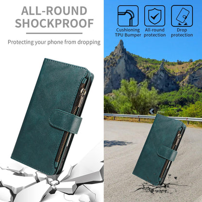 For Redmi 17 5G / 4G Global 170mm Imitation Calf Vegan Leather 9 Card Slots Zipper Phone Case with Wrist Strap(Green)