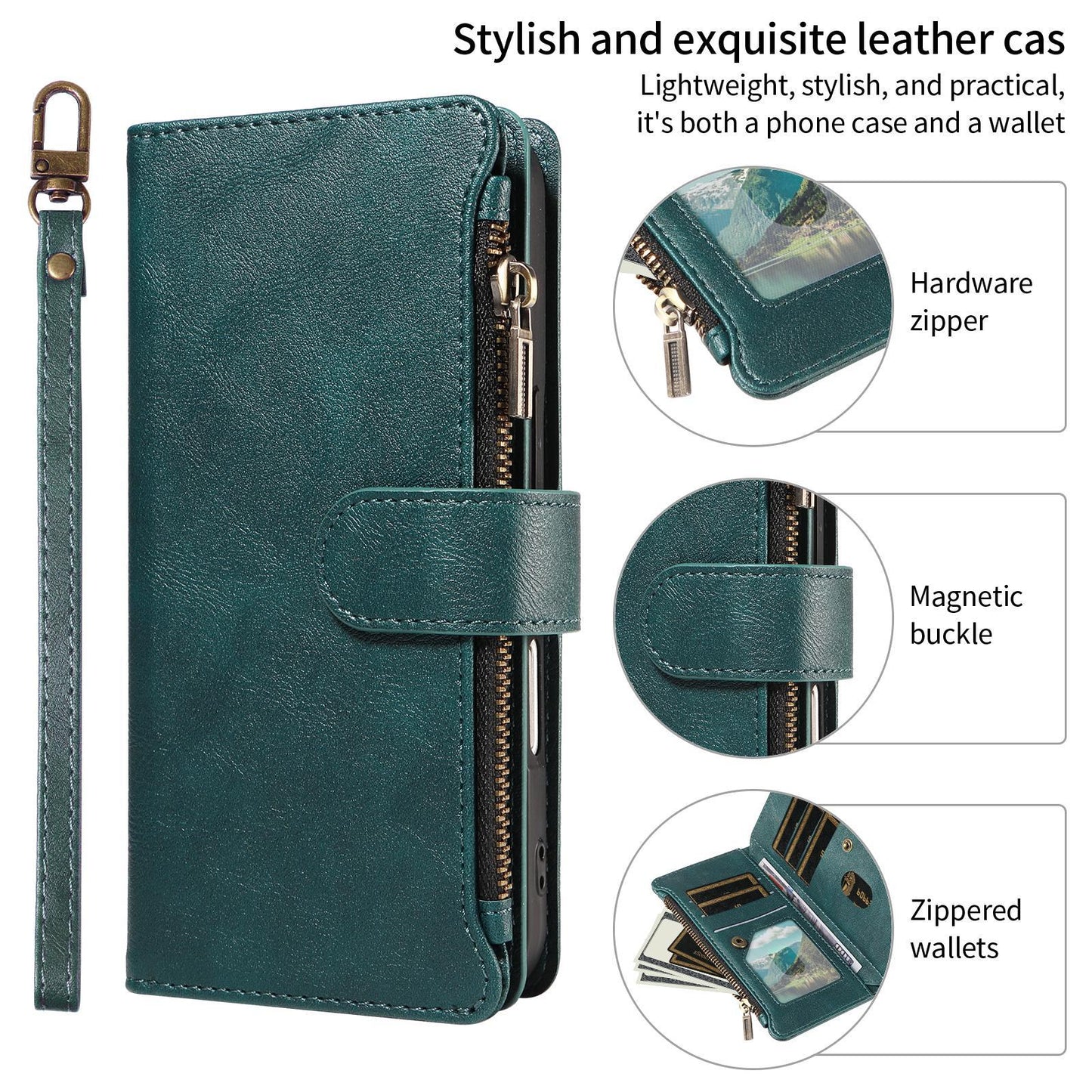 For Redmi 17 5G / 4G Global 170mm Imitation Calf Vegan Leather 9 Card Slots Zipper Phone Case with Wrist Strap(Green)