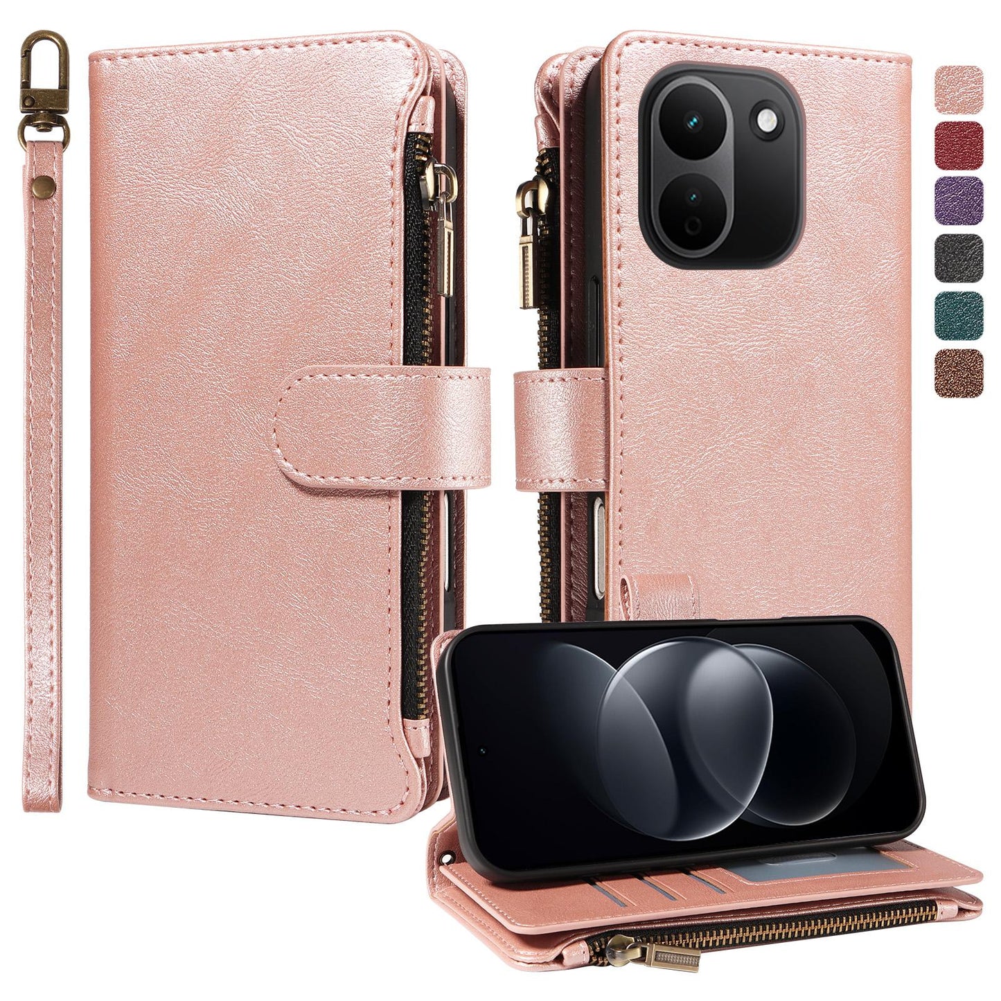 For Redmi Note 17 Pro+ 5G Global 163mm Imitation Calf Vegan Leather 9 Card Slots Zipper Phone Case with Wrist Strap(Rose Gold)