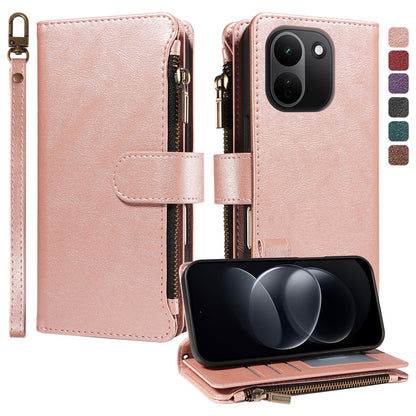 For Redmi Note 17 Pro+ 5G Global 163mm Imitation Calf Vegan Leather 9 Card Slots Zipper Phone Case with Wrist Strap(Rose Gold)