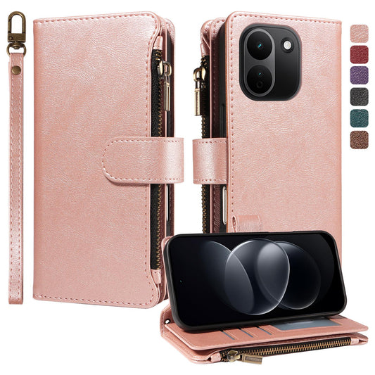 For Redmi Note 17 Pro+ 5G Global 163mm Imitation Calf Vegan Leather 9 Card Slots Zipper Phone Case with Wrist Strap(Rose Gold)