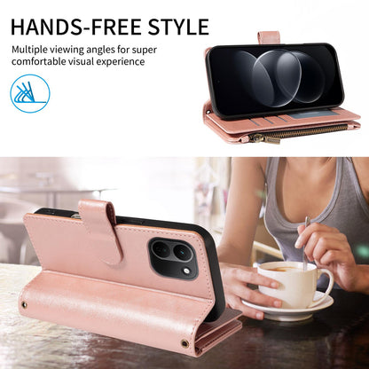 For Redmi Note 17 Pro+ 5G Global 163mm Imitation Calf Vegan Leather 9 Card Slots Zipper Phone Case with Wrist Strap(Rose Gold)