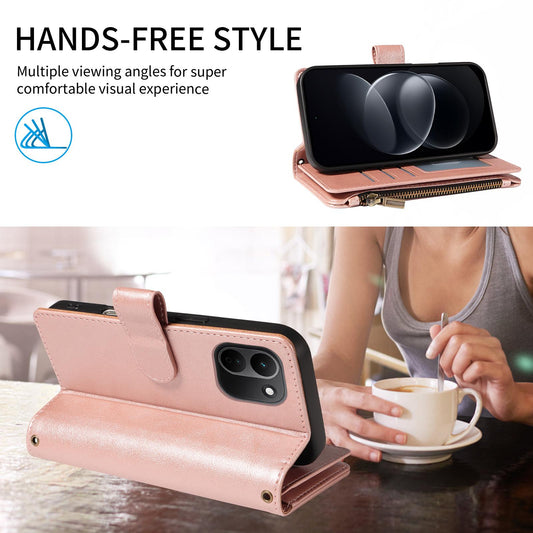 For Redmi Note 17 Pro+ 5G Global 163mm Imitation Calf Vegan Leather 9 Card Slots Zipper Phone Case with Wrist Strap(Rose Gold)