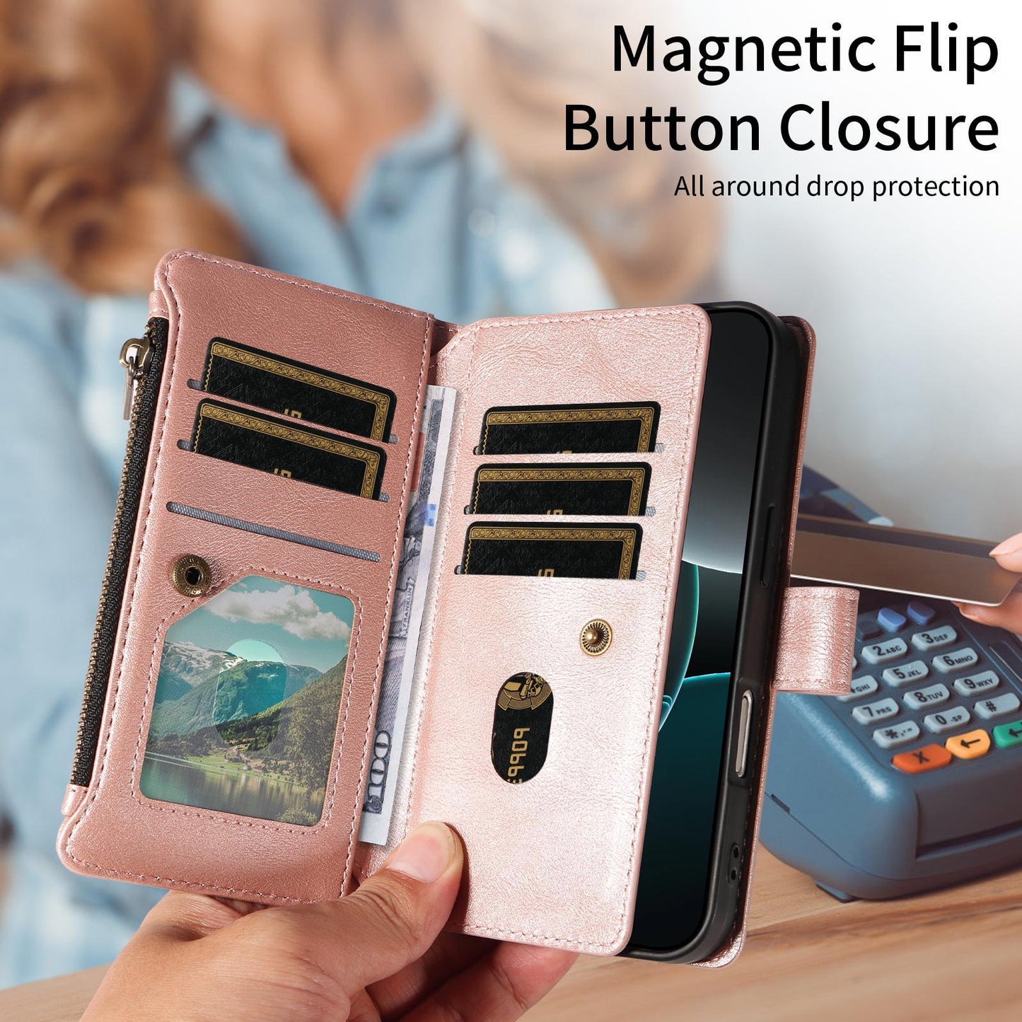 For Redmi Note 17 Pro+ 5G Global 163mm Imitation Calf Vegan Leather 9 Card Slots Zipper Phone Case with Wrist Strap(Rose Gold)