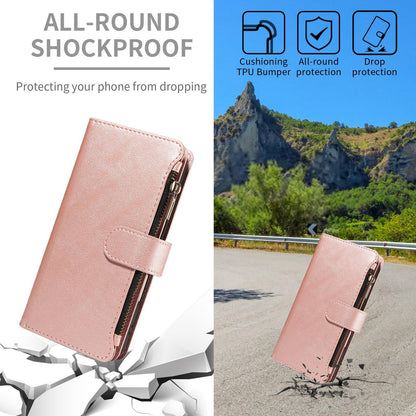 For Redmi Note 17 Pro+ 5G Global 163mm Imitation Calf Vegan Leather 9 Card Slots Zipper Phone Case with Wrist Strap(Rose Gold)