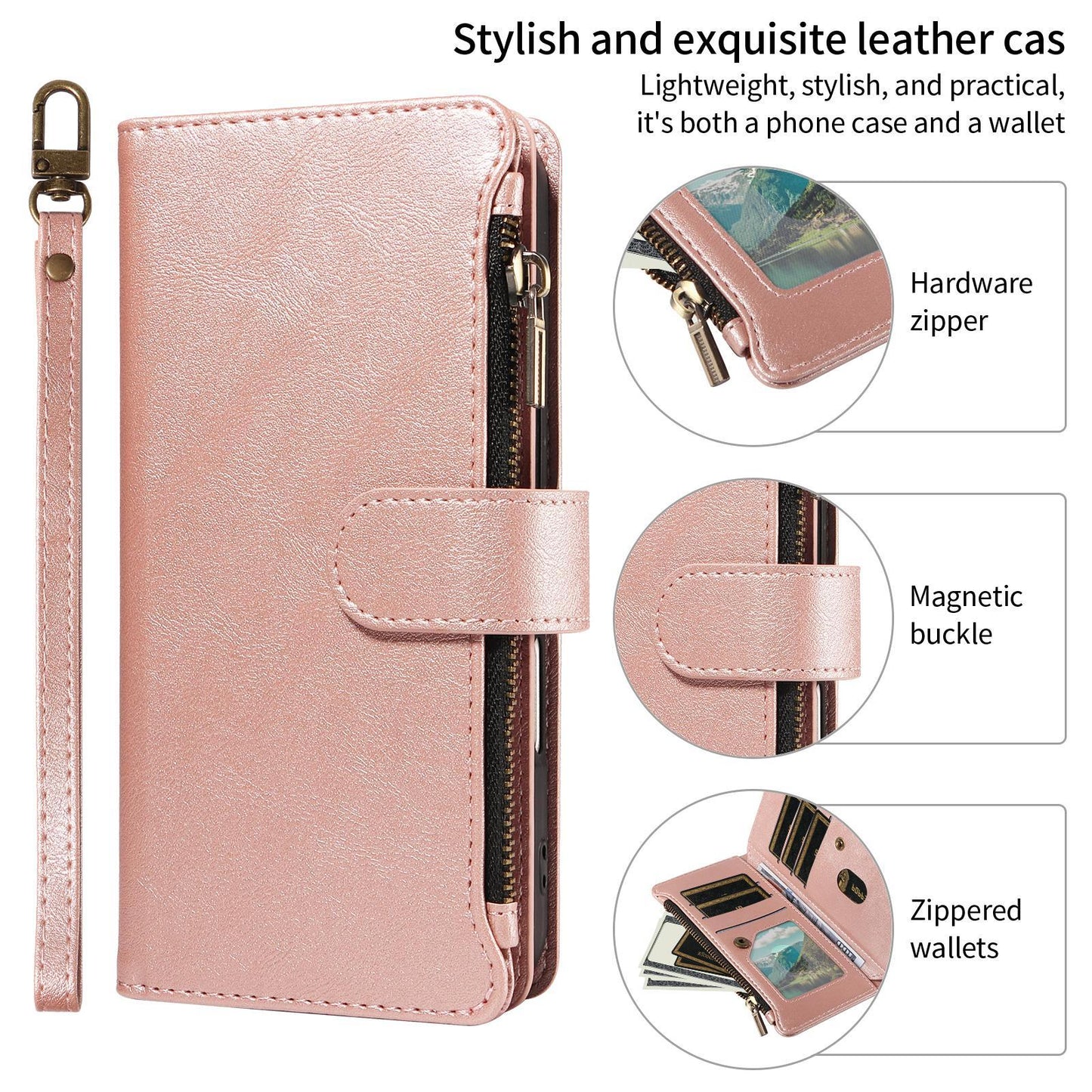 For Redmi Note 17 Pro+ 5G Global 163mm Imitation Calf Vegan Leather 9 Card Slots Zipper Phone Case with Wrist Strap(Rose Gold)
