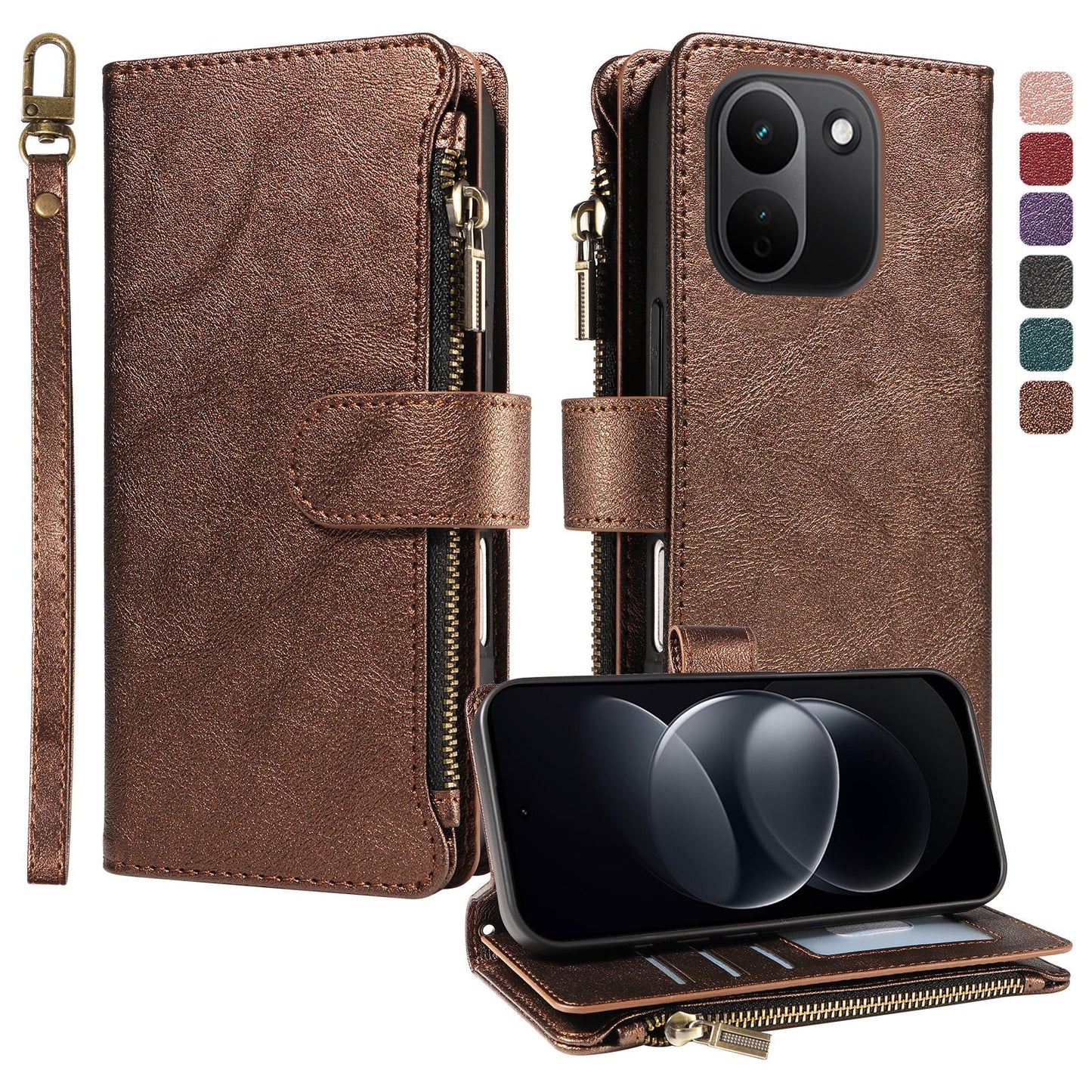 For Redmi Note 17 Pro+ 5G Global 163mm Imitation Calf Vegan Leather 9 Card Slots Zipper Phone Case with Wrist Strap(Bronze)