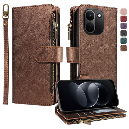 For Redmi Note 17 Pro+ 5G Global 163mm Imitation Calf Vegan Leather 9 Card Slots Zipper Phone Case with Wrist Strap(Bronze)