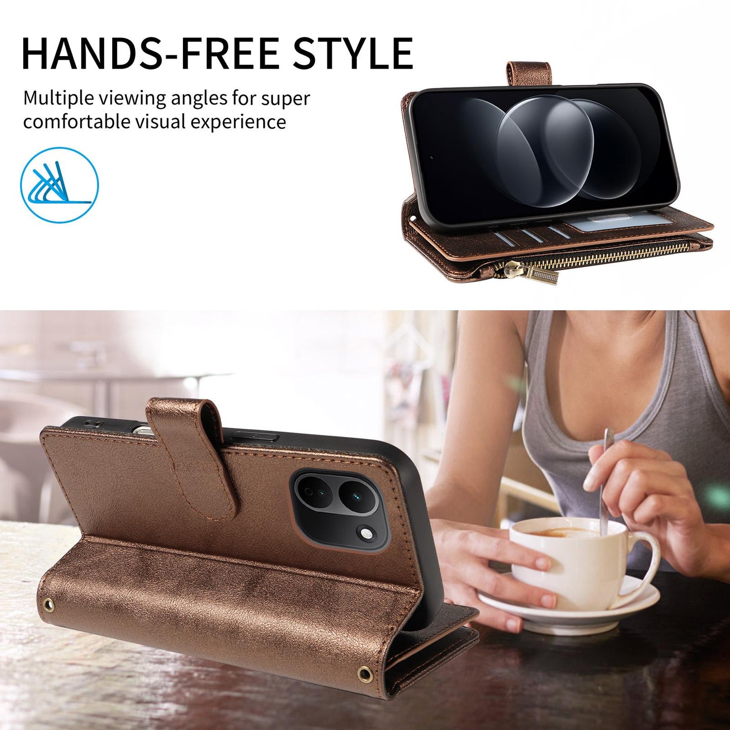 For Redmi Note 17 Pro+ 5G Global 163mm Imitation Calf Vegan Leather 9 Card Slots Zipper Phone Case with Wrist Strap(Bronze)