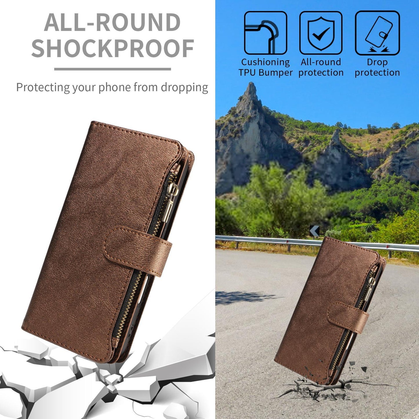 For Redmi Note 17 Pro+ 5G Global 163mm Imitation Calf Vegan Leather 9 Card Slots Zipper Phone Case with Wrist Strap(Bronze)