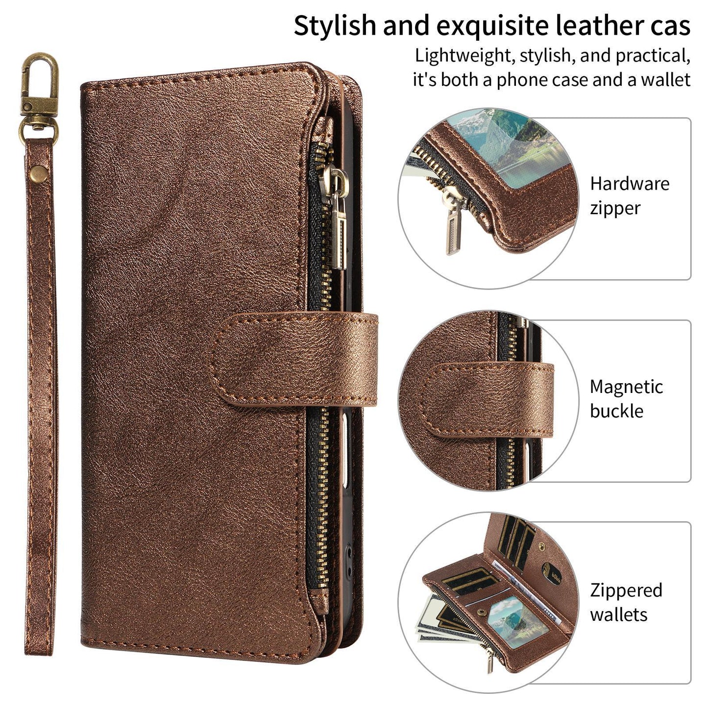 For Redmi Note 17 Pro+ 5G Global 163mm Imitation Calf Vegan Leather 9 Card Slots Zipper Phone Case with Wrist Strap(Bronze)