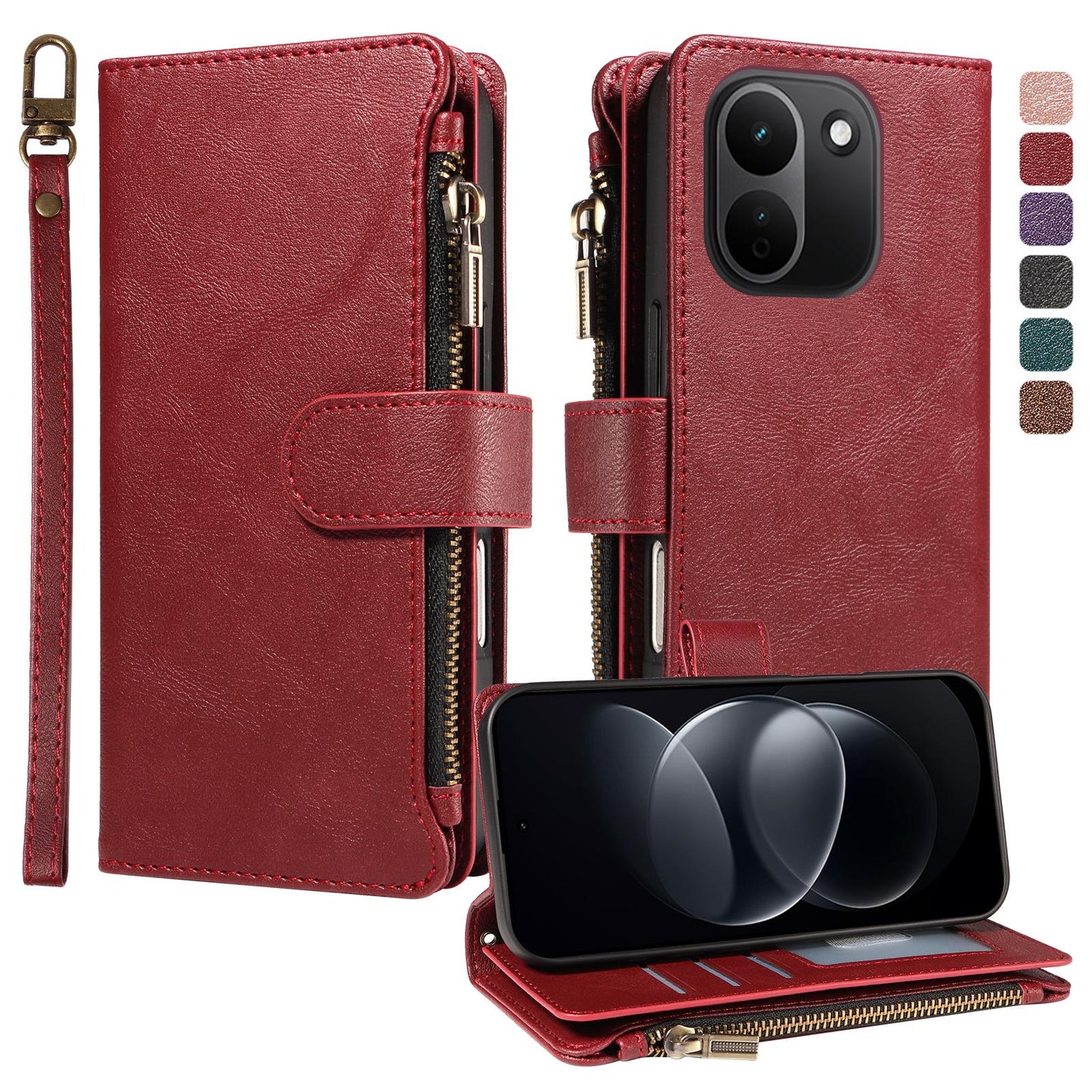 For Redmi Note 17 Pro+ 5G Global 163mm Imitation Calf Vegan Leather 9 Card Slots Zipper Phone Case with Wrist Strap(Red)