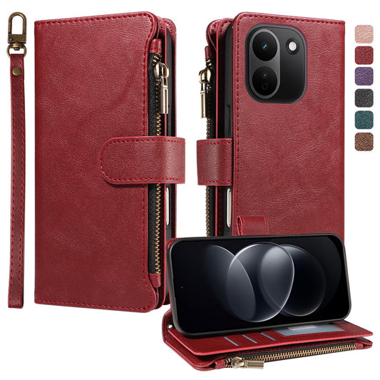 For Redmi Note 17 Pro+ 5G Global 163mm Imitation Calf Vegan Leather 9 Card Slots Zipper Phone Case with Wrist Strap(Red)