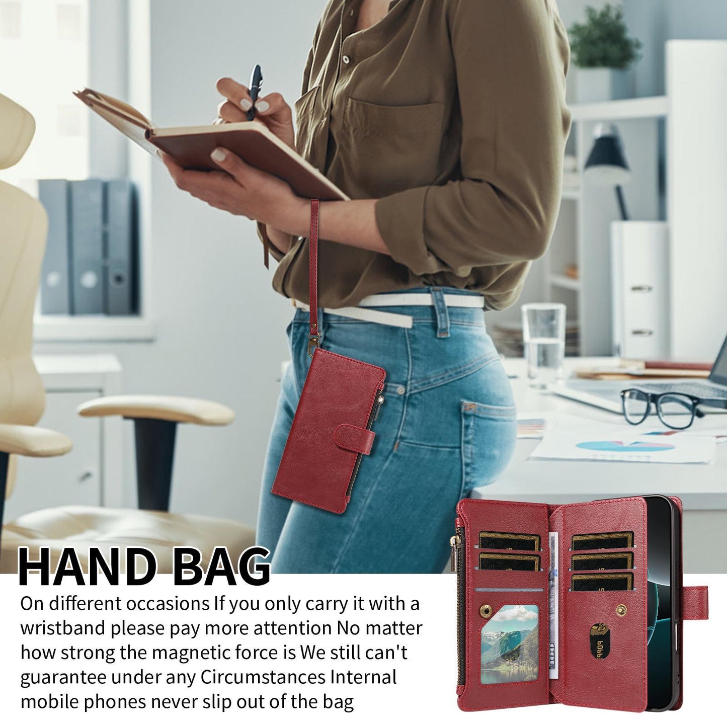 For Redmi Note 17 Pro+ 5G Global 163mm Imitation Calf Vegan Leather 9 Card Slots Zipper Phone Case with Wrist Strap(Red)