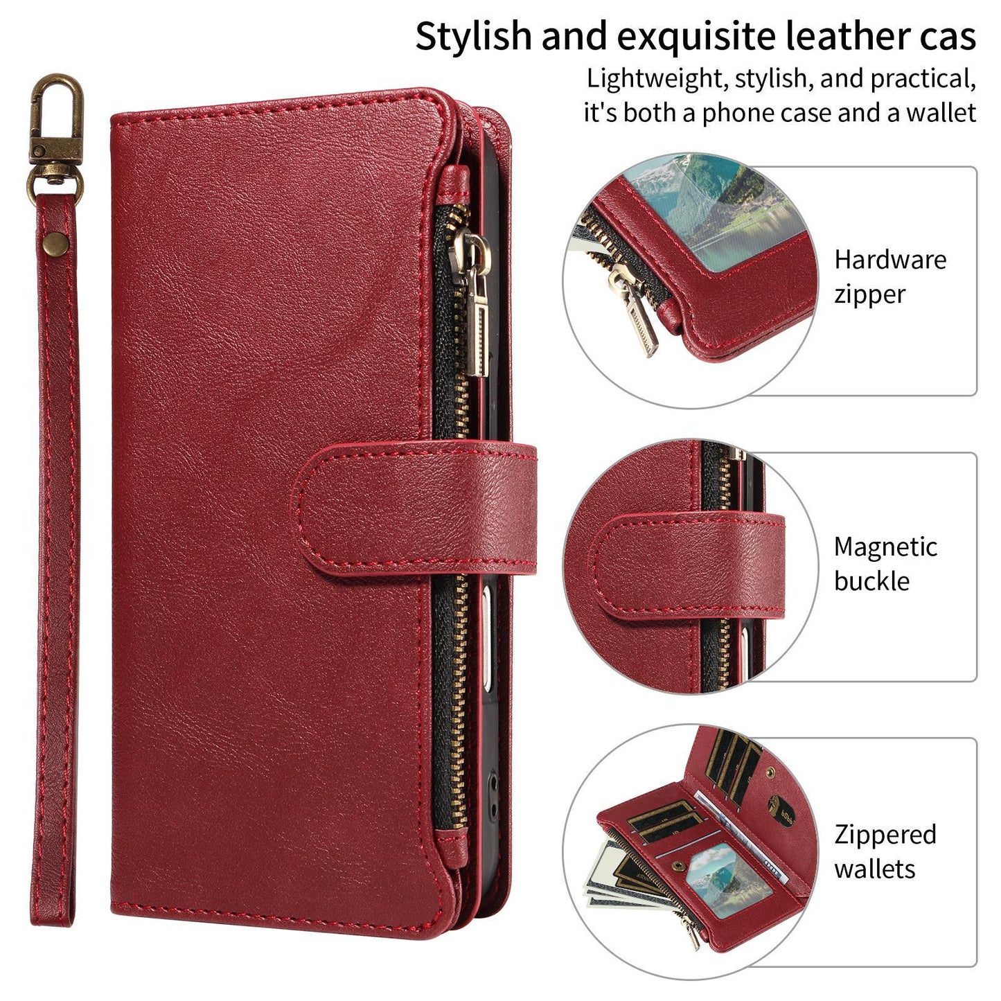 For Redmi Note 17 Pro+ 5G Global 163mm Imitation Calf Vegan Leather 9 Card Slots Zipper Phone Case with Wrist Strap(Red)