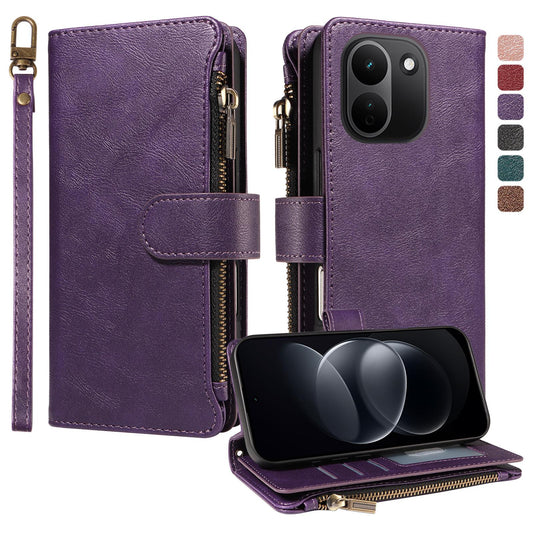 For Redmi Note 17 Pro+ 5G Global 163mm Imitation Calf Vegan Leather 9 Card Slots Zipper Phone Case with Wrist Strap(Purple)