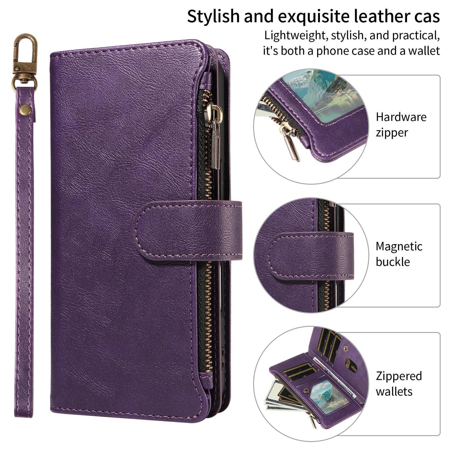 For Redmi Note 17 Pro+ 5G Global 163mm Imitation Calf Vegan Leather 9 Card Slots Zipper Phone Case with Wrist Strap(Purple)