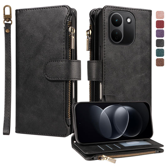 For Redmi Note 17 Pro+ 5G Global 163mm Imitation Calf Vegan Leather 9 Card Slots Zipper Phone Case with Wrist Strap(Black)