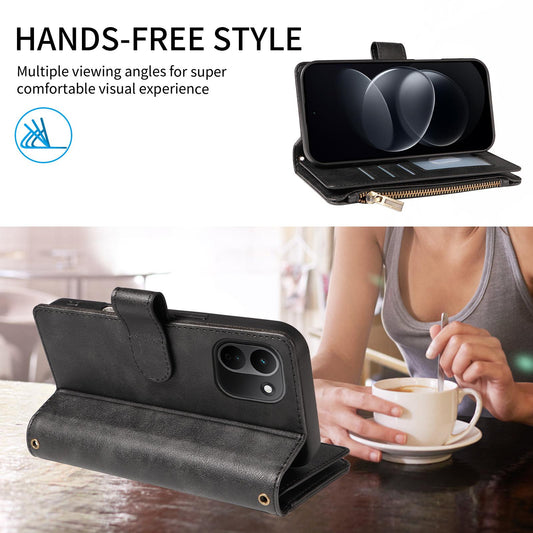 For Redmi Note 17 Pro+ 5G Global 163mm Imitation Calf Vegan Leather 9 Card Slots Zipper Phone Case with Wrist Strap(Black)