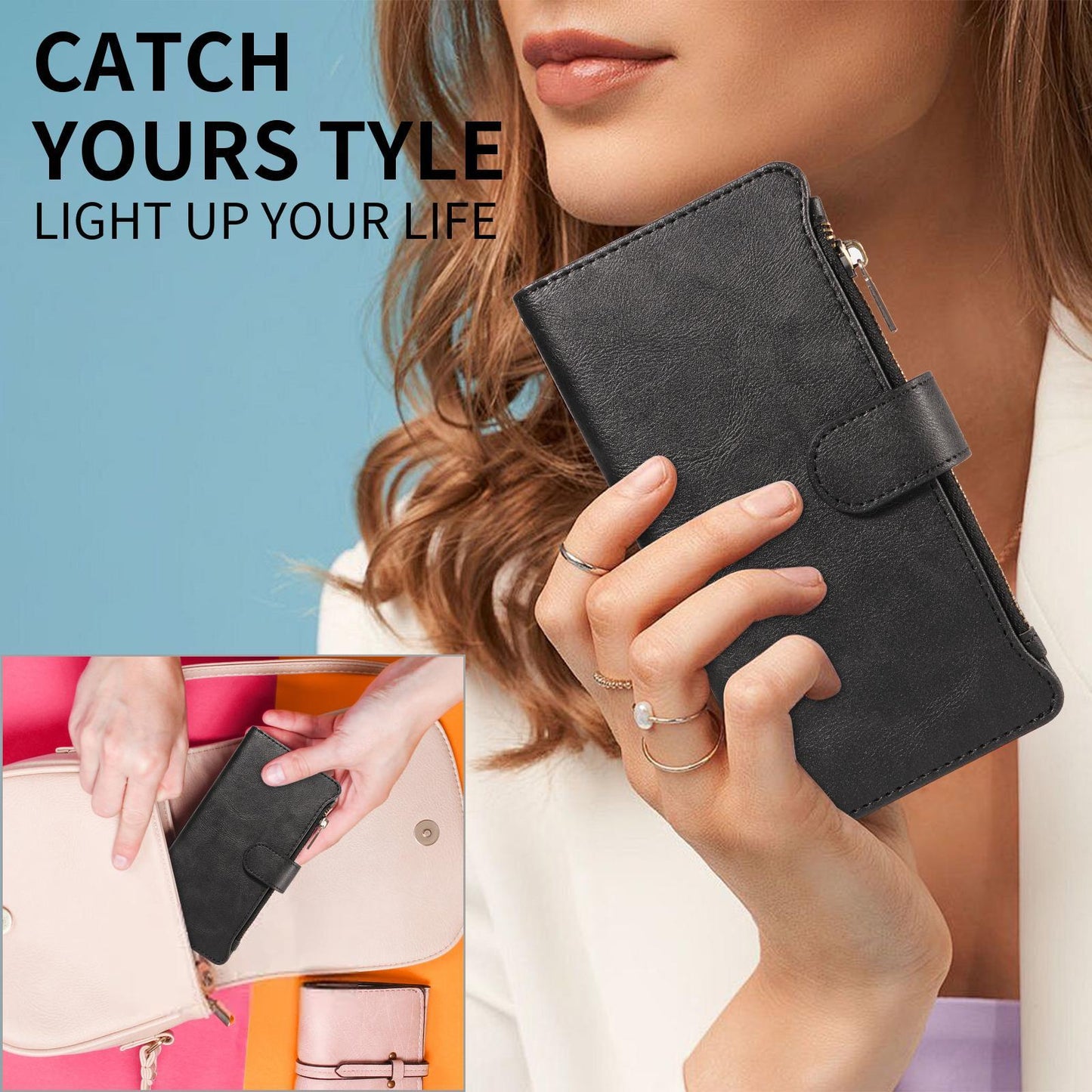 For Redmi Note 17 Pro+ 5G Global 163mm Imitation Calf Vegan Leather 9 Card Slots Zipper Phone Case with Wrist Strap(Black)