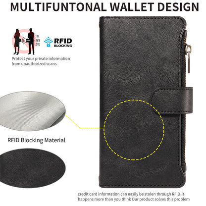 For Redmi Note 17 Pro+ 5G Global 163mm Imitation Calf Vegan Leather 9 Card Slots Zipper Phone Case with Wrist Strap(Black)