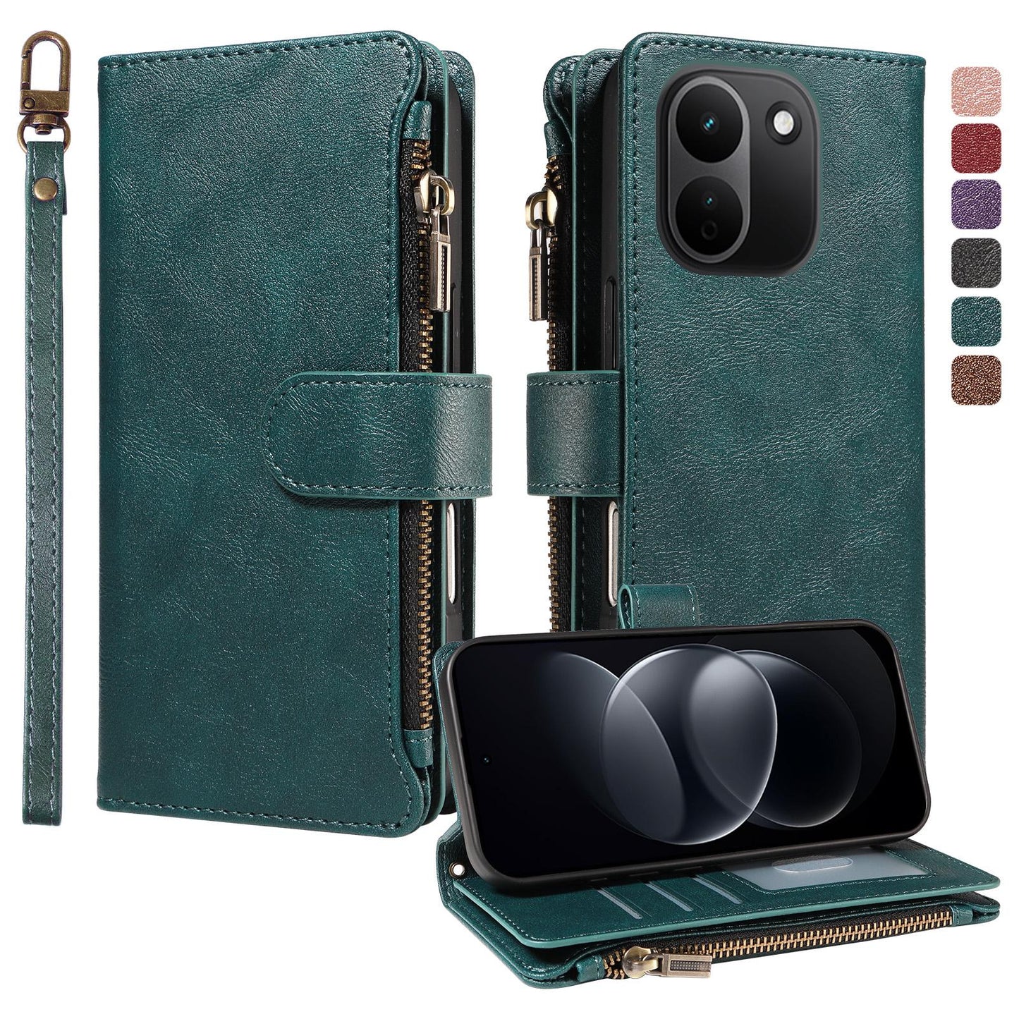 For Redmi Note 17 Pro+ 5G Global 163mm Imitation Calf Vegan Leather 9 Card Slots Zipper Phone Case with Wrist Strap(Green)