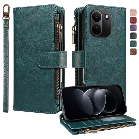 For Redmi Note 17 Pro+ 5G Global 163mm Imitation Calf Vegan Leather 9 Card Slots Zipper Phone Case with Wrist Strap(Green)