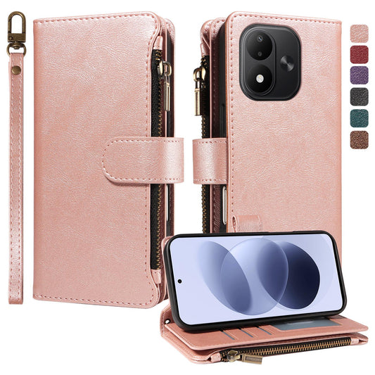 For Redmi Note 17 5G/4G Global 171mm Imitation Calf Vegan Leather 9 Card Slots Zipper Phone Case with Wrist Strap(Rose Gold)