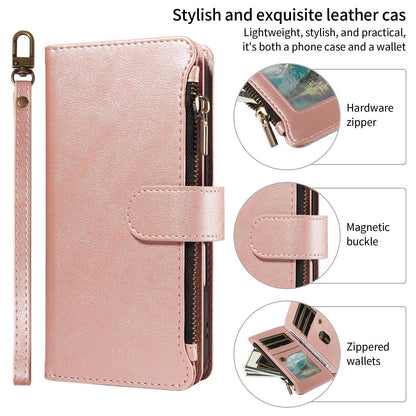 For Redmi Note 17 5G/4G Global 171mm Imitation Calf Vegan Leather 9 Card Slots Zipper Phone Case with Wrist Strap(Rose Gold)