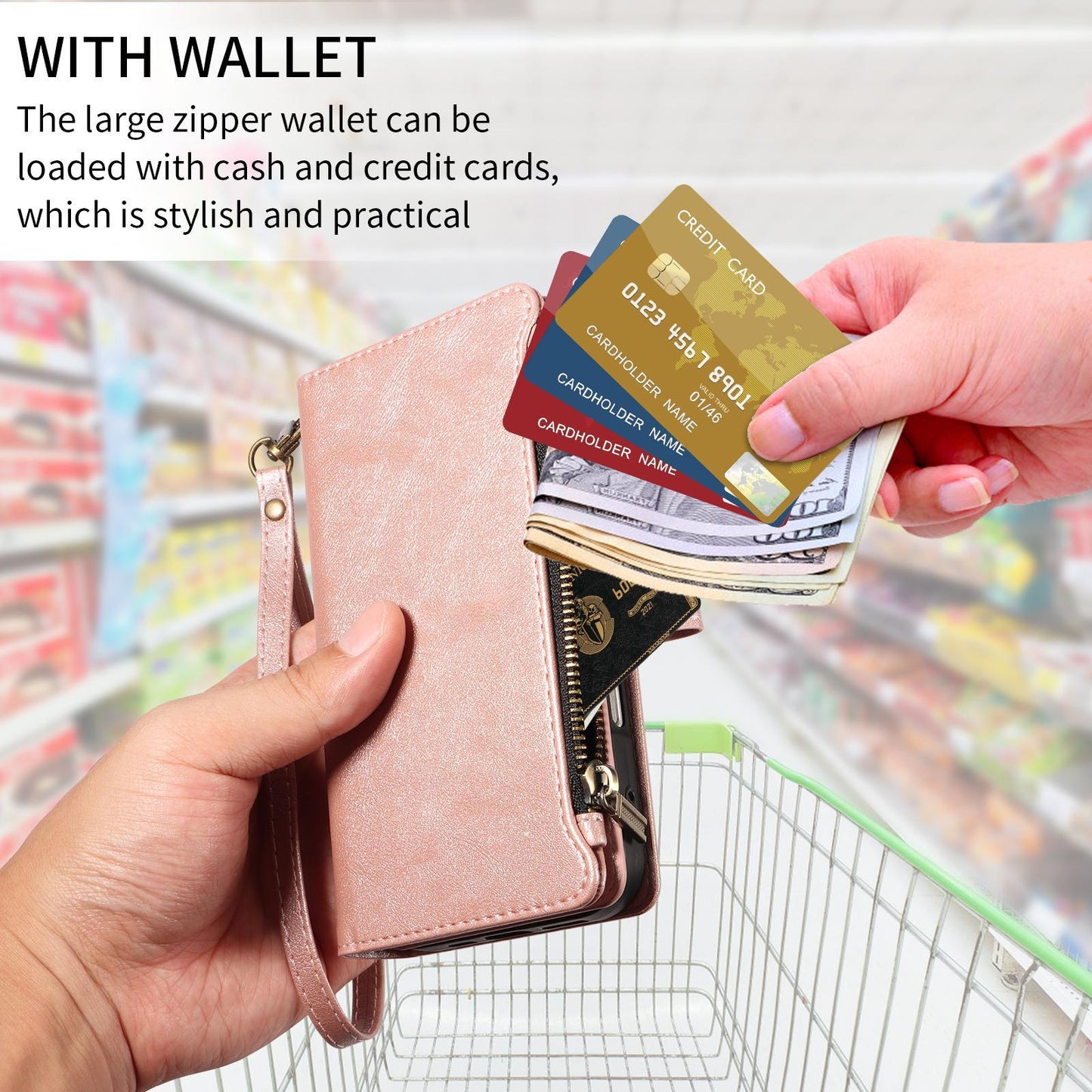 For Redmi Note 17 5G/4G Global 171mm Imitation Calf Vegan Leather 9 Card Slots Zipper Phone Case with Wrist Strap(Rose Gold)