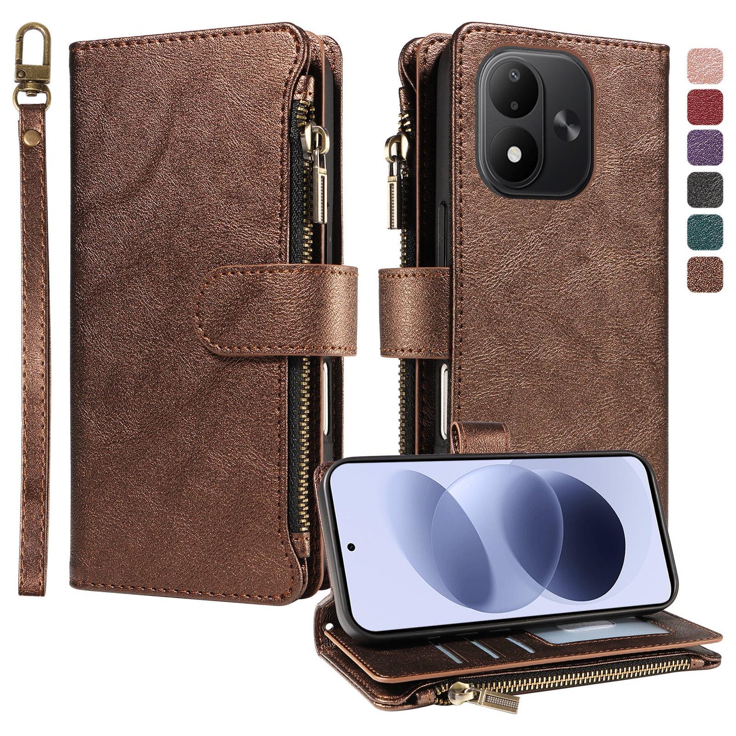 For Redmi Note 17 5G/4G Global 171mm Imitation Calf Vegan Leather 9 Card Slots Zipper Phone Case with Wrist Strap(Bronze)