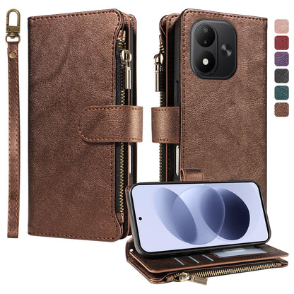 For Redmi Note 17 5G/4G Global 171mm Imitation Calf Vegan Leather 9 Card Slots Zipper Phone Case with Wrist Strap(Bronze)