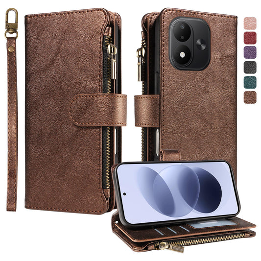 For Redmi Note 17 5G/4G Global 171mm Imitation Calf Vegan Leather 9 Card Slots Zipper Phone Case with Wrist Strap(Bronze)