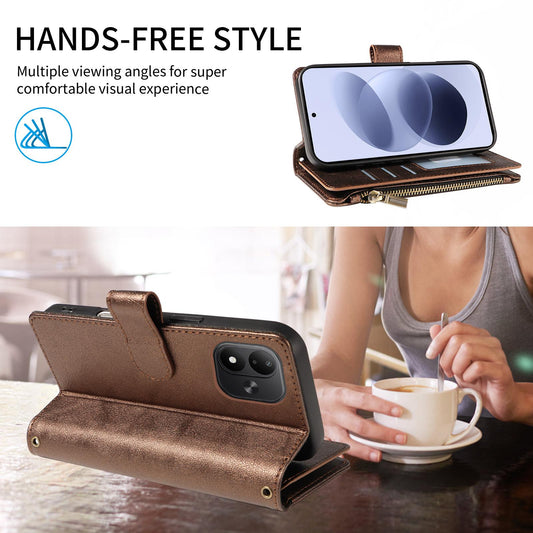 For Redmi Note 17 5G/4G Global 171mm Imitation Calf Vegan Leather 9 Card Slots Zipper Phone Case with Wrist Strap(Bronze)